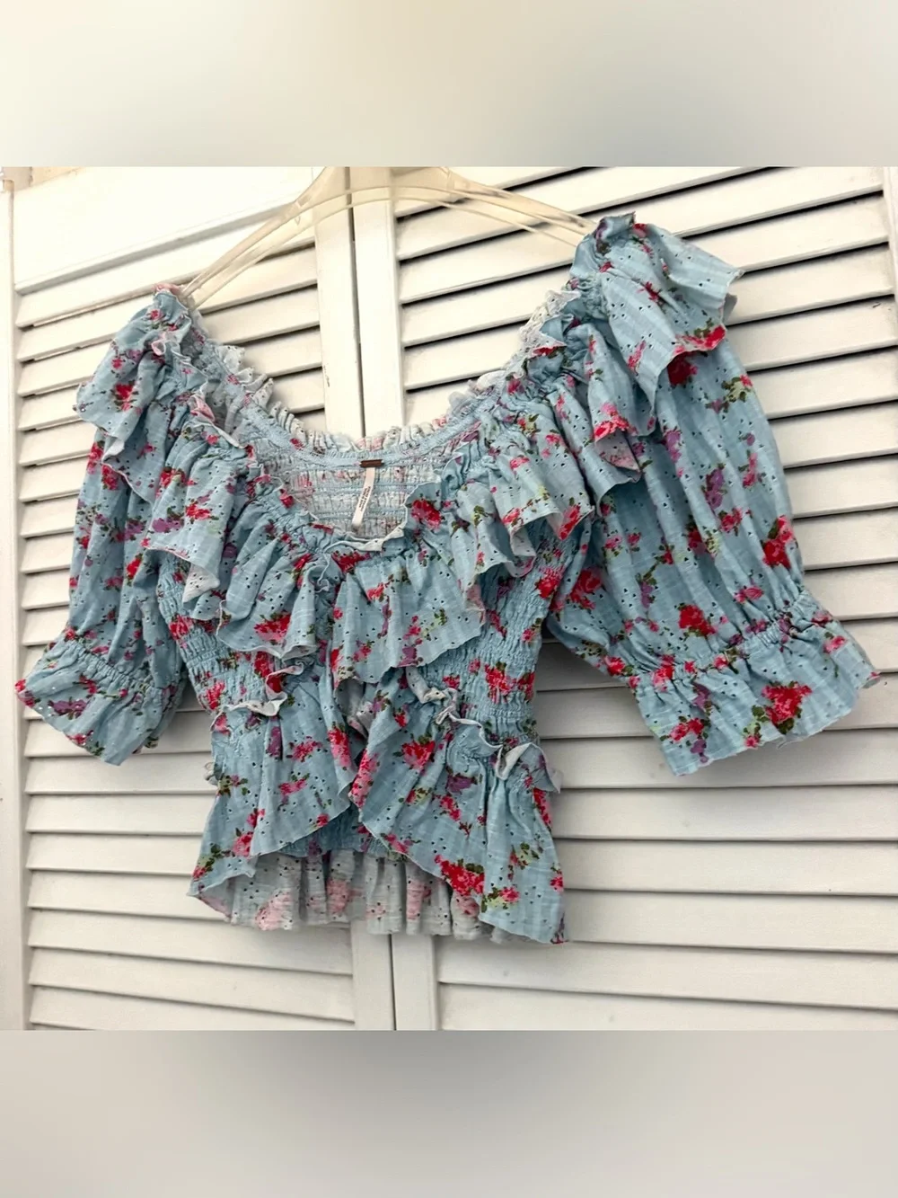 Free People Light Blue Floral Favorite Girl Smocked Ruffle Top